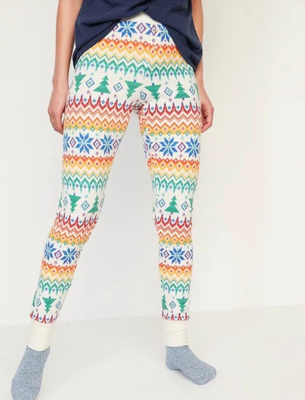 Old Navy Thermal Knit Waffle Leggings Small Pajama Pants Geometric Tree Holiday